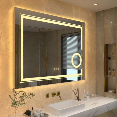 LED Badspiegel 80 x 60 cm Badezimmerspiegel mit Beleuchtung Wandspiegel mit 3-Fach Vergrößerung Schminkspiegel, Touchschalter 3 Lichtfarbe 3000-6500K, Beschlagfrei