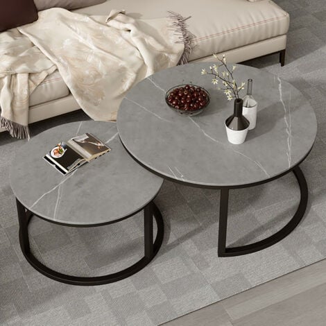 2er Set Couchtisch Beistelltische Rund Satztische Sofatisch Marmor Wohnzimmertisch Seitentisch Grau