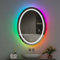 Oval Badspiegel mit RGB LED Beleuchtung 60x80 cm, Badezimmerspiegel mit 8 Hintergrundbeleuchtung und 3 Frontbeleuchtung, 4 Touchschalter, Spiegelheizung Bad Spiegel, Dimmbar Wandspiegel für Bad Party