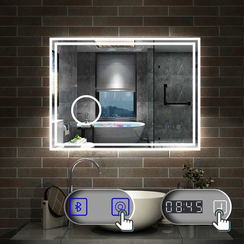 AICA Miroir de Salle de Bain rond LED 60/70/80cm avec Bluetooth + Anti-buée  + 3 Couleurs + Dimmable, Mural Miroir Lumineux avec Interrupteur Tactile à