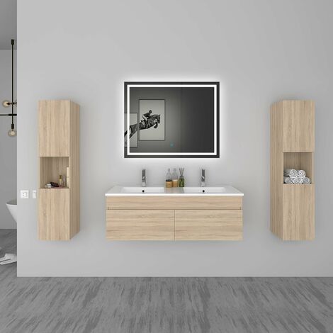 AICA Ensemble meuble double vasque L.120cm chêne 2 portes + colonne + lavabo + LED miroir moderneA