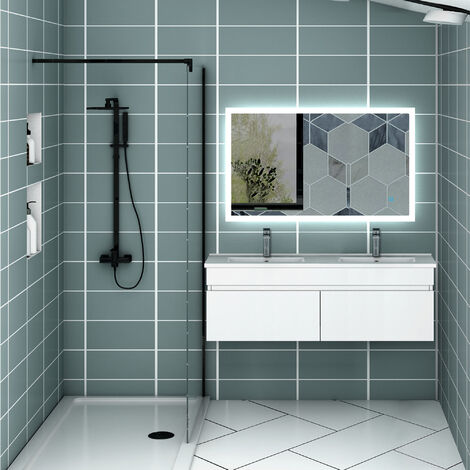 AICA Ensemble meuble double vasque L.120cm blanc 2 portes + lavabo + LED miroir moderne