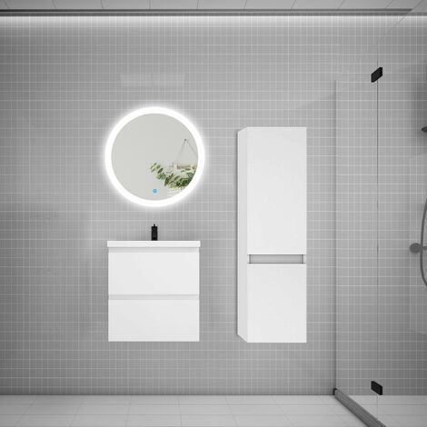 AICA Ensemble meuble vasque L.50cm 2 tiroirs + lavabo + LED miroir rond 60cm + colonne A blanc aica (1/5)