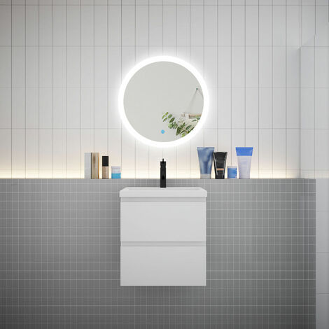 AICA Ensemble meuble vasque L.50cm 2 tiroirs + lavabo + LED miroir rond 60cm blanc A (1/5)