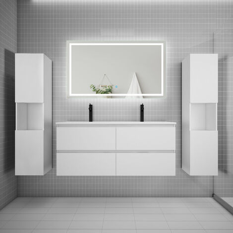 AICA Ensemble meuble double vasque L.120cm + lavabo + LED miroir + 2colonne blanc A