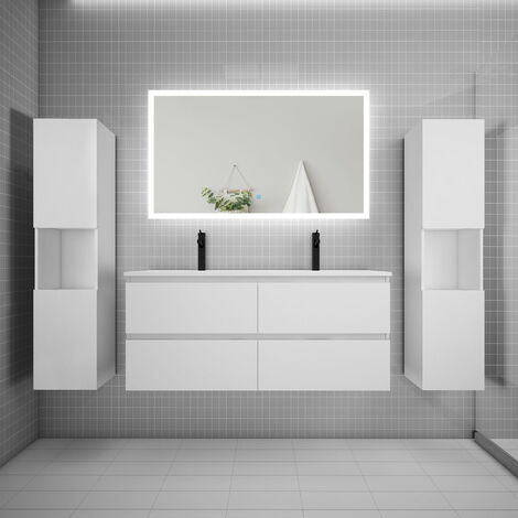 AICA Ensemble meuble double vasque L.120cm + lavabo + LED miroir + 2colonne blanc aica (1/5)