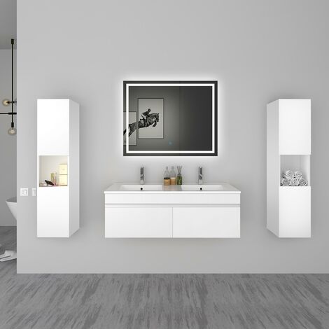 AICA Ensemble meuble double vasque L.120cm blanc 2 portes + colonne + lavabo + LED miroir modèleA