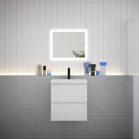 AICA Ensemble meuble vasque L.50cm blanc 2 tiroirs + led miroir + lavabo (1/5)