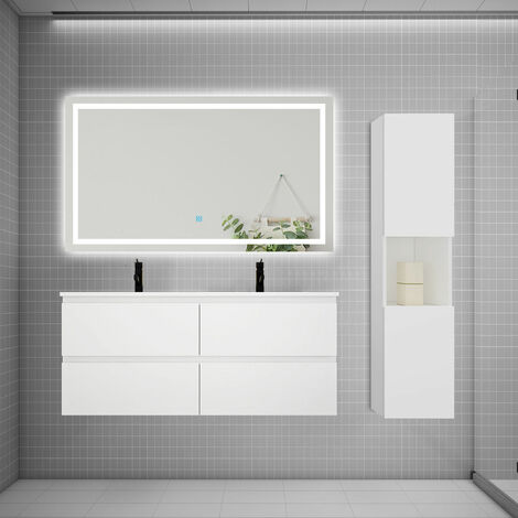 AICA Ensemble meuble 2 vasque L.120cm 4 tiroirs + lavabo + LED miroir + colonne blanc design