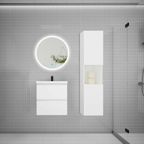 AICA sanitaire Ensemble meuble vasque L.50cm 2 tiroirs + lavabo + LED miroir rond 60cm + colonne blanc (1/5)