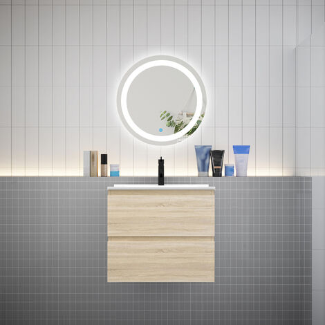 AICA Ensemble L.60cm meuble vasque 2 tiroirs + lavabo + LED miroir rond 60cm chêne
