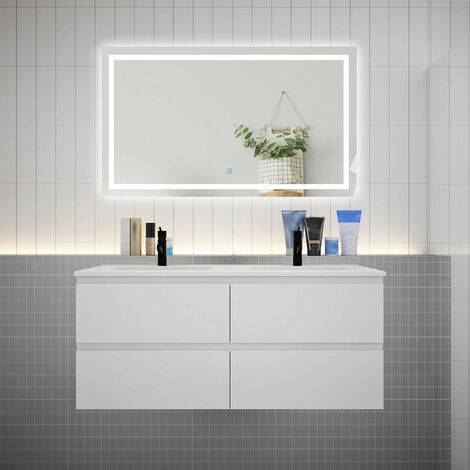 AICA Ensemble meuble 2 vasque L.120cm 4 tiroirs + lavabo + LED miroir blanc