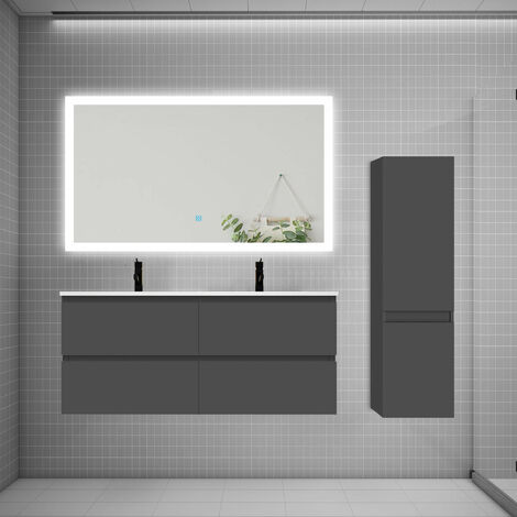 AICA Ensemble meuble 2 vasque L.120cm 4 tiroirs + lavabo + LED miroir + colonne anthracite mat (1/5)
