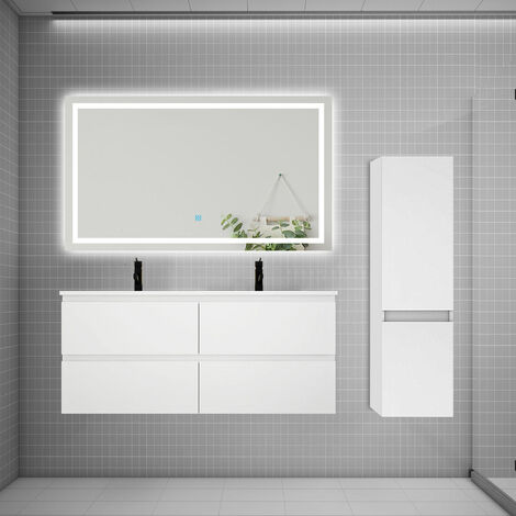 AICA Ensemble meuble double vasque L.120cm 4 tiroirs + lavabo + LED miroir + colonne blanc