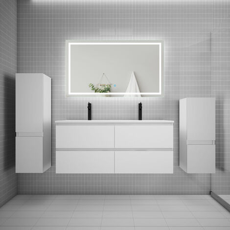 AICA sanitaire Ensemble meuble double vasque L.120cm + lavabo + LED miroir + 2colonne blanc