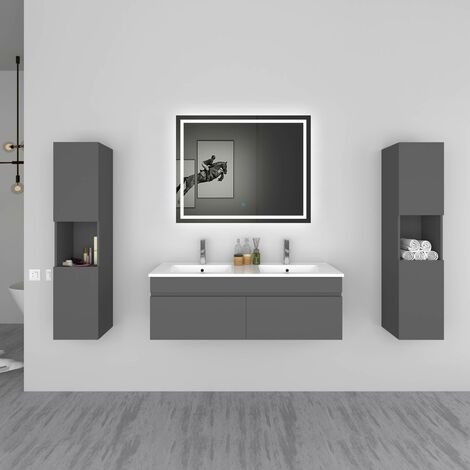 AICA Ensemble meuble double vasque L.120cm anthracite 2 portes + colonne + lavabo + LED miroir moderneA
