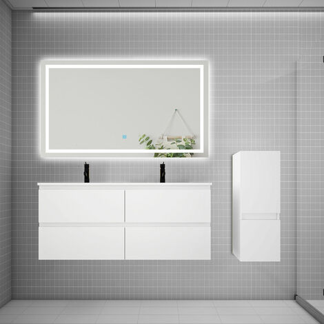 AICA AICA Ensemble meuble 2 vasque L.120cm 4 tiroirs + lavabo + LED miroir + colonne blanc