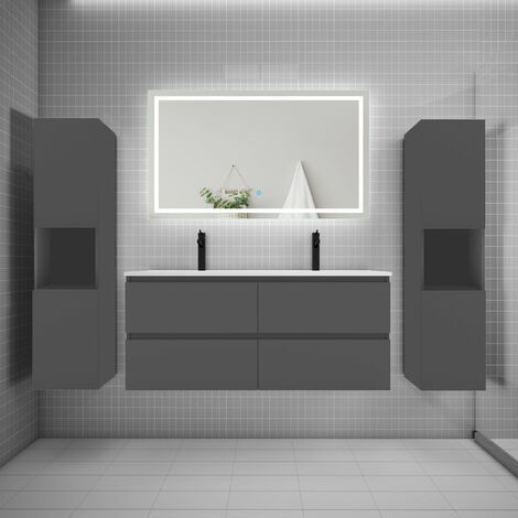 AICA Ensemble meuble double vasque L.120cm + lavabo + LED miroir + 2colonne anthracite B