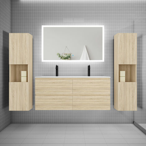 AICA Ensemble meuble double vasque L.120cm + lavabo + LED miroir + 2colonne chêne aica (1/5)