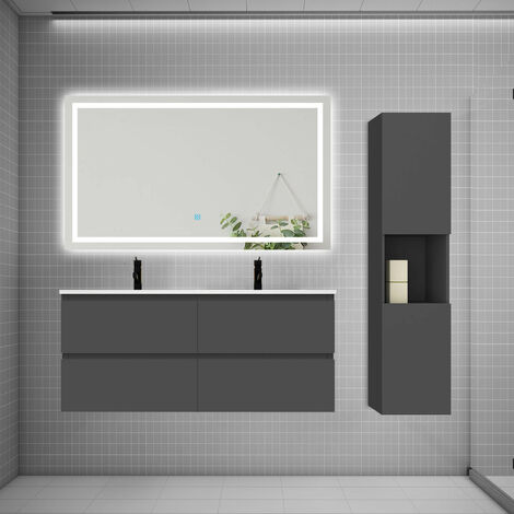 AICA Ensemble meuble 2 vasque L.120cm 4 tiroirs + lavabo + LED miroir + colonne anthracite design