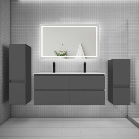 AICA sanitaire Ensemble meuble double vasque L.120cm + lavabo + LED miroir + 2colonne anthracite (1/5)