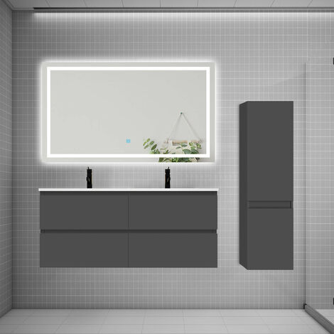 AICA Ensemble meuble double vasque L.120cm 4 tiroirs + lavabo + LED miroir + colonne anthracite