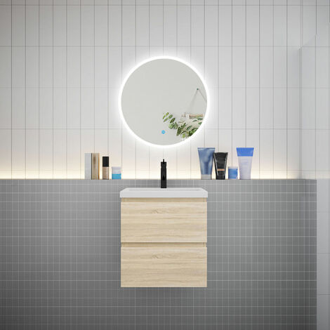 AICA Ensemble meuble vasque L.50cm 2 tiroirs + lavabo + LED miroir rond 60cm chêne (1/5)
