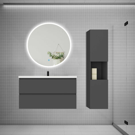 AICA sanitaire Ensemble meuble vasque L 99cm 2 tiroirs + lavabo + LED miroir rond 90cm + colonne anthracite (1/5)