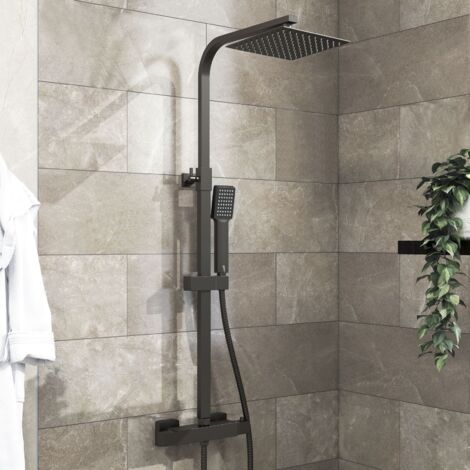 Aica Sanitaire – Colonne de douche thermostatique carrée noir mat – Douchette réglable en hauteur – Pomme de douche en acier inoxydable 20x20 cm – Flexible inox 1500 mm