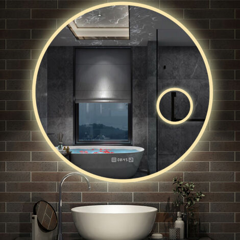 Aica Sanitaire – Miroir lumineux de salle de bain tactile tricolore LED – Horloge numérique – Loupe 3x – Anti-buée – 70 cm – Aluminium et verre