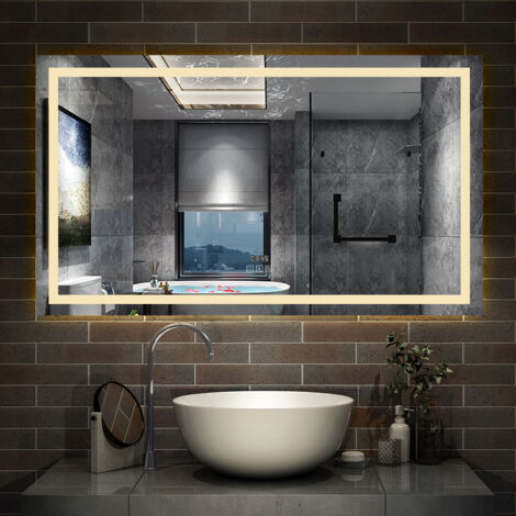 AICA sanitaire Simple Bluetooth LED miroir de salle de bain tricolore tactile avec anti-buée et horloge 120x70cm