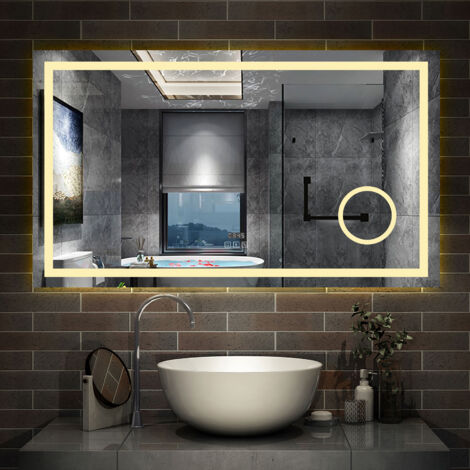 Aica Sanitaire – Miroir lumineux de salle de bain 100x60cm – Bluetooth – Anti-buée – Loupe 3x – Horloge – Gradation infinie – Aluminium et verre