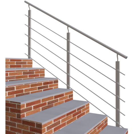 Garde-corps - Intérieur et extérieur - Aluminium argenté - Avec 5 traverses et 1 main courante - 200cm - Rampe d'escalier pose latérale
