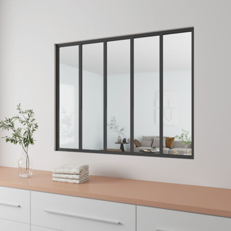 AICA Verrière Atelier d'intérieur en aluminium noir mat 153x108cm,Vitrage trempé 4mm,5 carreaux Verrière fixe,en kit complet