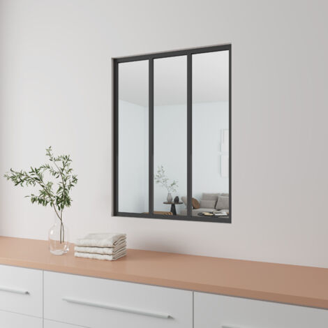Aica Sanitaire – Verrière intérieure en aluminium noir mat 93x108cm – Vitrage trempé 4mm – 3 carreaux – Kit complet pour séparation lumineuse