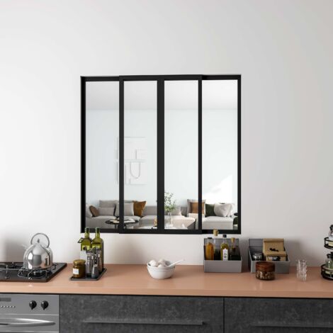 Aica Sanitaire – Verrière atelier coulissante en aluminium noir – L123xH108cm, 4 panneaux en verre trempé 4mm – Séparation élégante cuisine/salon