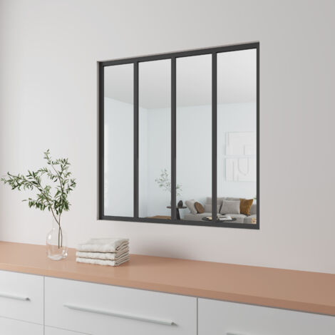 Aica Sanitaire – Verrière intérieure en aluminium noir mat 123x108 cm – Vitrage trempé 4 mm – Cloison fixe pour espaces lumineux