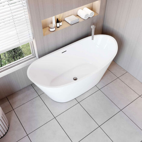 Baignoire îlot design ovale L.150 x l.72 x H.65cm blanc - 206 L, AICA baignoire en Acrylique avec Bonde et trop plein (1/5)