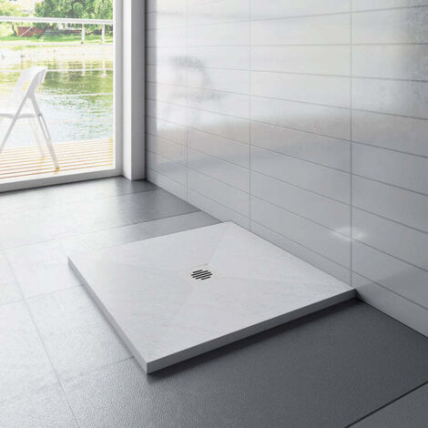 Aica Sanitaire – Receveur de douche carré 80x80 cm – Extra-plat 3 cm – Antidérapant avec grille ABS – Drainage efficace – Marbre minéral et résine mixte blanc (1/4)