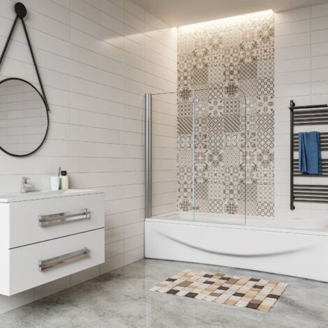 Pare-baignoire 100x140cm pivotant et pliant, écran de douche à 2 volets paroi de baignoire en verre securit clair et anticalcaire