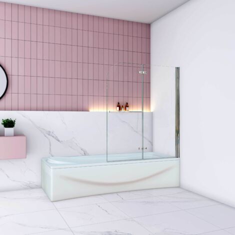 Pare-baignoire 120x140cm paroi pivotante 180° et pliante, écran de baignoire en 6mm verre anticalcaire avec poignée en Inox