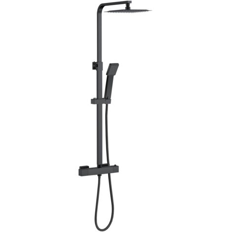 Colonne de douche thermostatique avec pomme de tête, douchette et flexible,noir mat, Carré, hauteur réglable 73-115cm, AICA