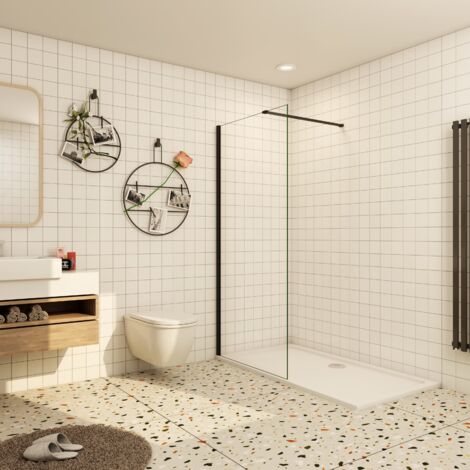 Paroi de douche à l'italienne 80x200cm profil noir mat en verre trempé anticalcaire, livré avec une barre de fixation 90cm (1/4)