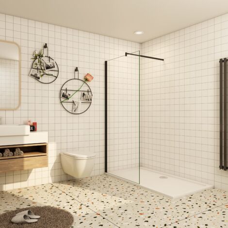 Paroi de douche à l'italienne 80x200cm profil Noir mat en verre trempé anticalcaire, livré avec une barre de fixation extensible en cylindrique (1/4)