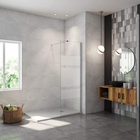 Paroi de douche à l'italienne 110x190cm en 6mm verre avec trois bandes horizontales sérigraphiées, livré avec barre de fixation 73-120cm en carré