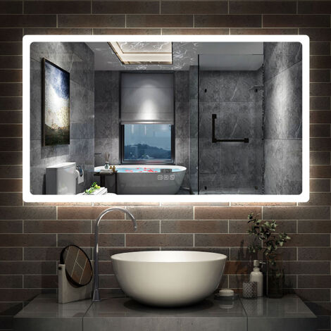 AICA Miroir Bluetooth 120x70 cm, 3 Colours et horloge et Mémoire et Dimmable et Anti-Buée, Miroir Lumineux CE// IP44