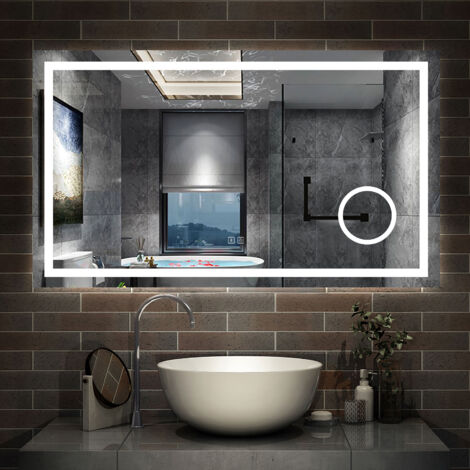 Aica Sanitaire – Miroir lumineux de salle de bain 120x70 cm – Bluetooth – 3 couleurs – Anti-buée – Miroir grossissant 3X – Installation murale