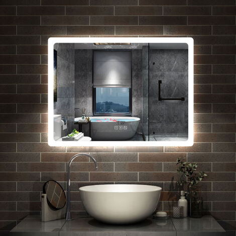 AICA Miroir Bluetooth 70x50 cm, 3 Colours et horloge et Mémoire et Dimmable et Anti-Buée, Miroir Lumineux CE// IP44