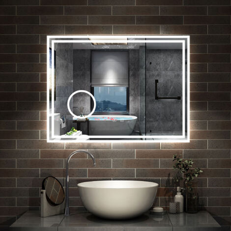 AICA Miroir salle de bain Bluetooth 80x60cm Lumineux 3 Colours et Dimmable et Loupe et Anti-Buée,CE// IP44