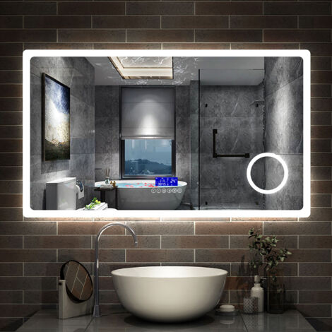 AICA Miroir de salle de bain Lumineux bluetooth, 120x70cm Anti-Buée, loupe 3x , 3 couleurs de Lumineux et Dimmable